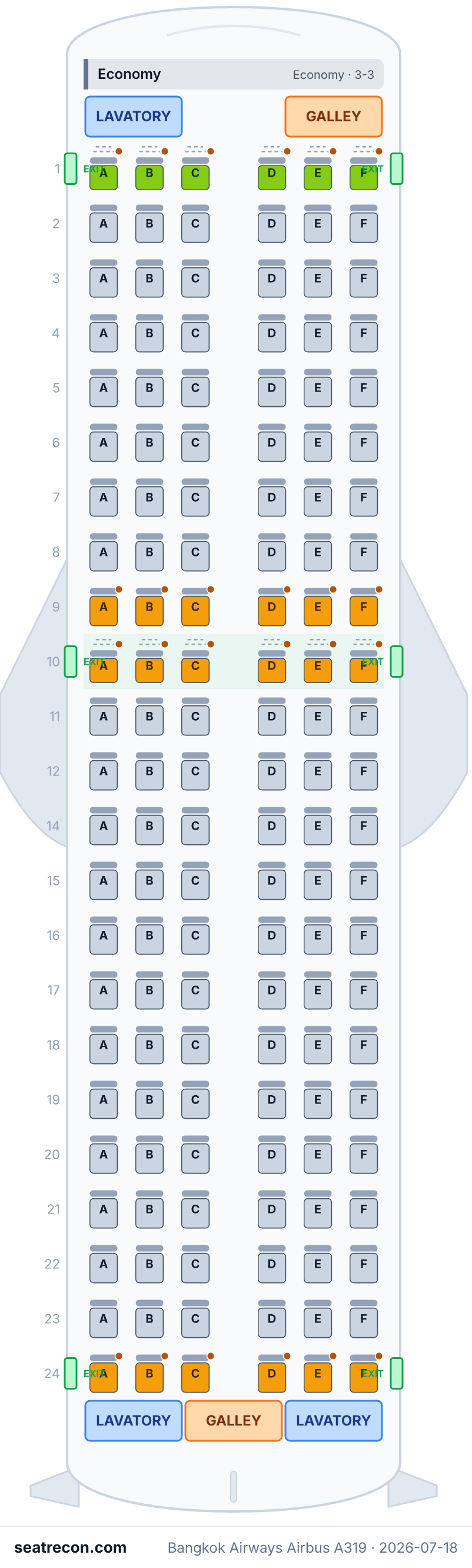 Bangkok Airways Airbus A319 seat map diagram — Economy (138 seats)