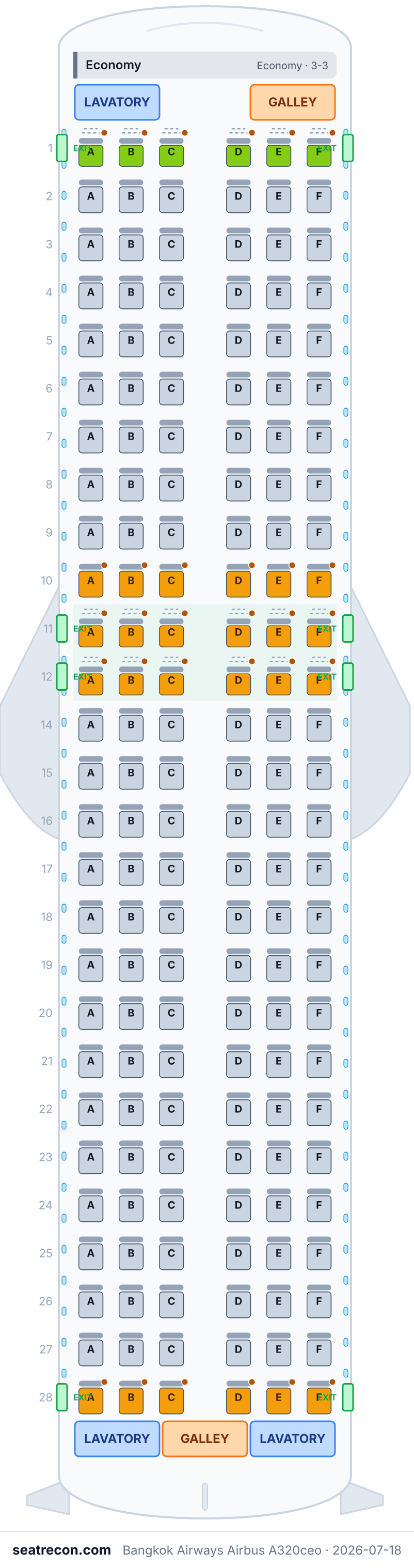 Bangkok Airways Airbus A320ceo seat map diagram — Economy (162 seats)