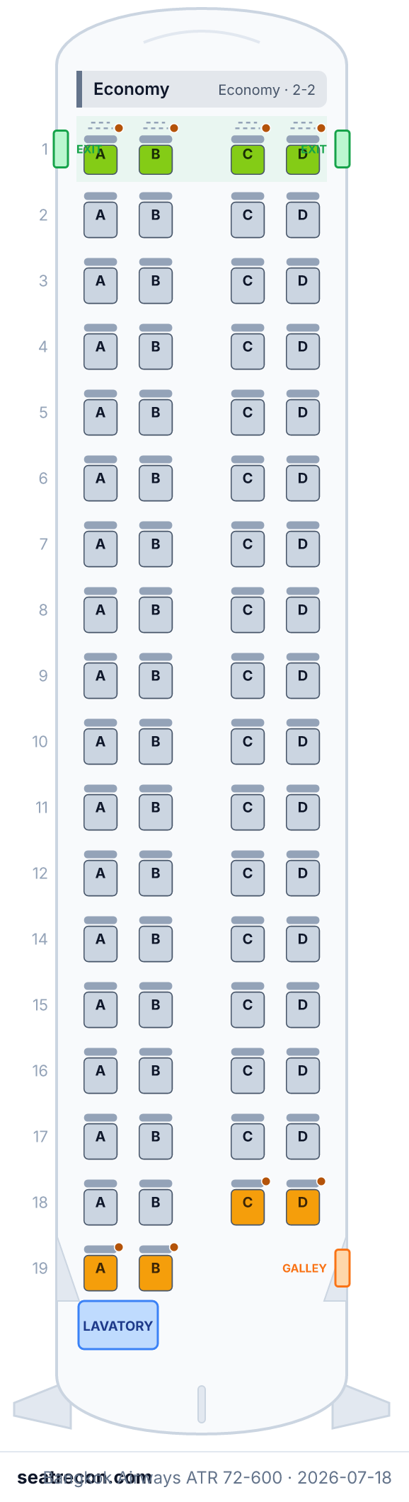 Bangkok Airways ATR 72-600 seat map diagram — Economy (70 seats)