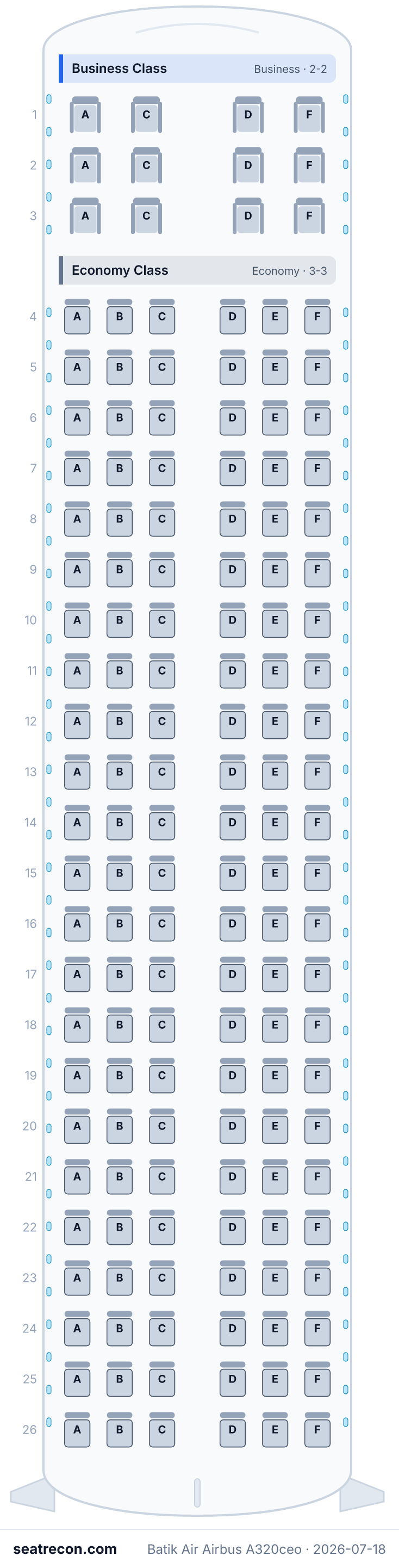 Batik Air Airbus A320ceo seat map diagram — Business Class, Economy Class (150 seats)