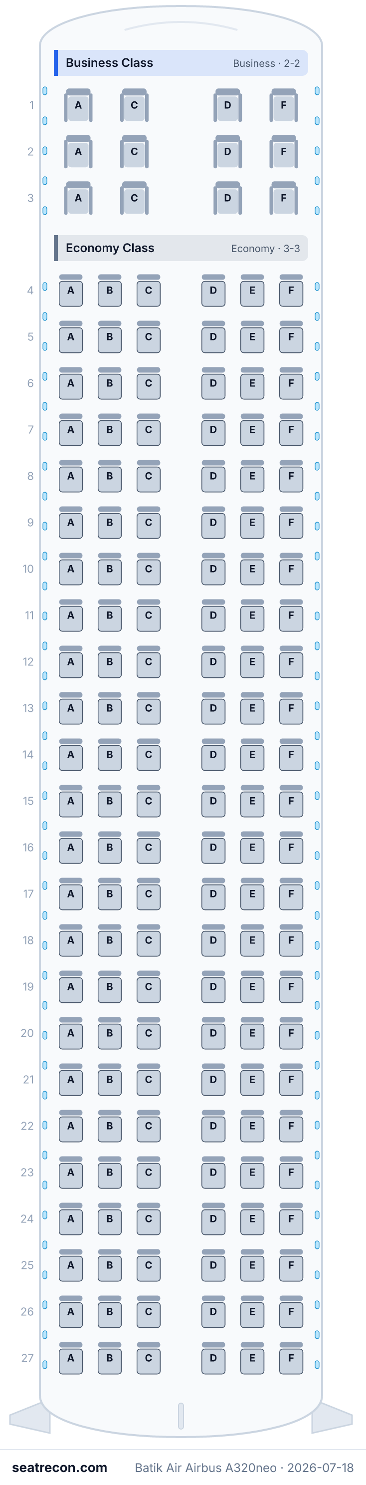 Batik Air Airbus A320neo seat map diagram — Business Class, Economy Class (156 seats)