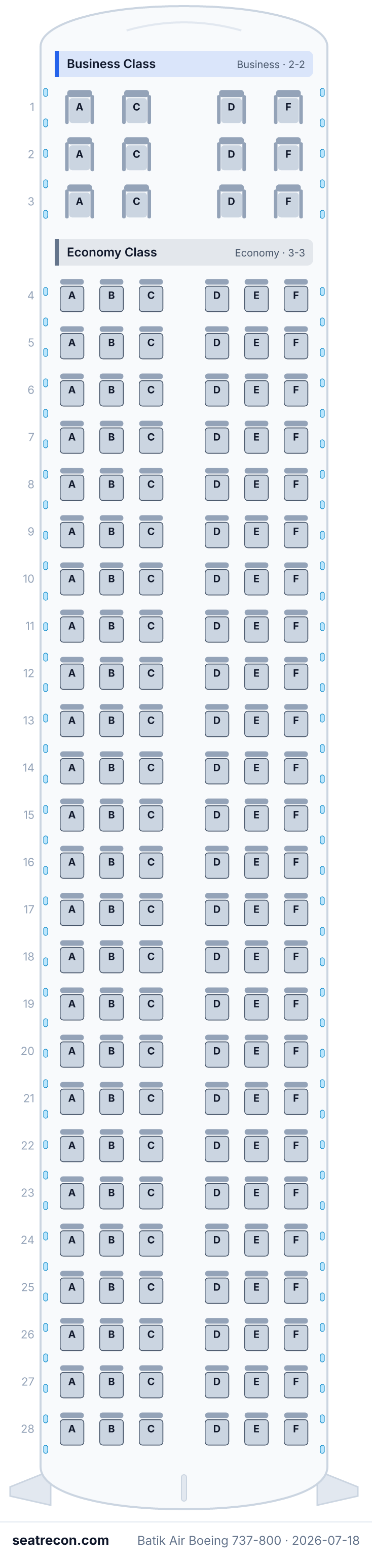 Batik Air Boeing 737-800 seat map diagram — Business Class, Economy Class (162 seats)