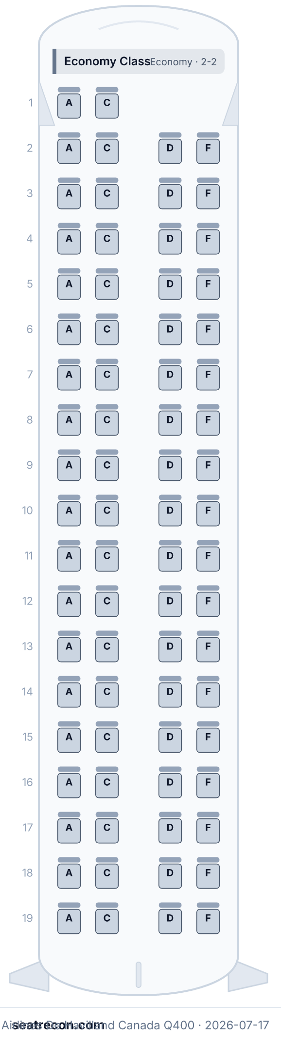 Biman Bangladesh Airlines De Havilland Canada Q400 seat map diagram — Economy Class (74 seats)