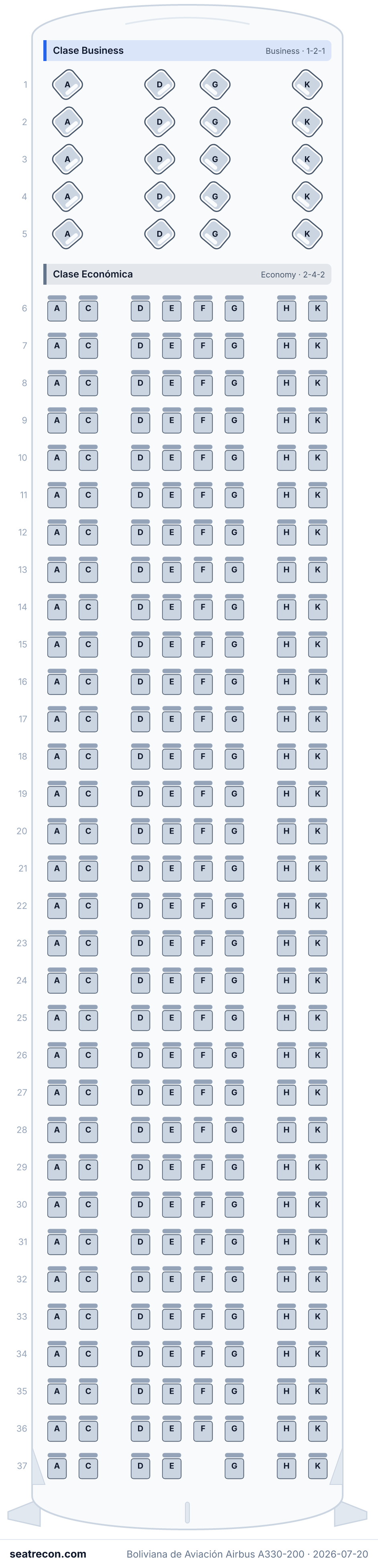 Boliviana de Aviación Airbus A330-200 seat map (20J/255Y)