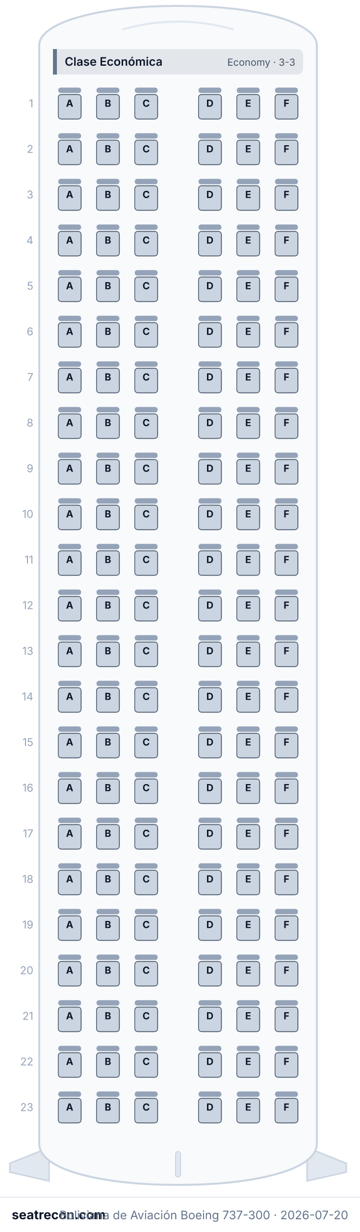 Boliviana de Aviación Boeing 737-300 seat map (138Y)