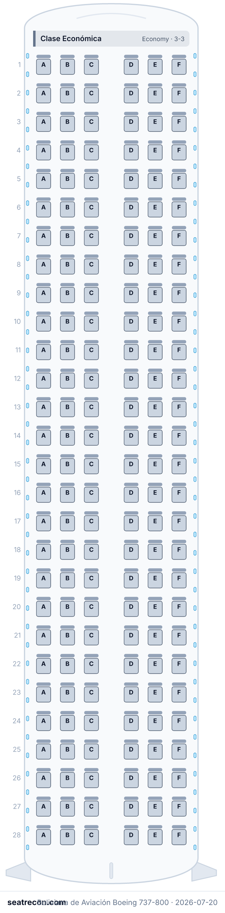 Boliviana de Aviación Boeing 737-800 seat map (168Y)