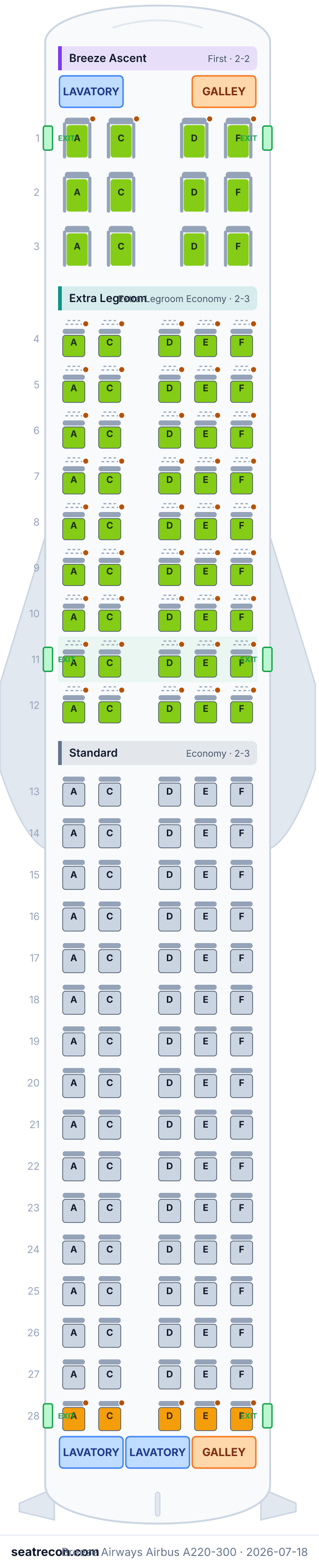 Breeze Airways Airbus A220-300 seat map diagram — Breeze Ascent, Extra Legroom, Standard (137 seats)