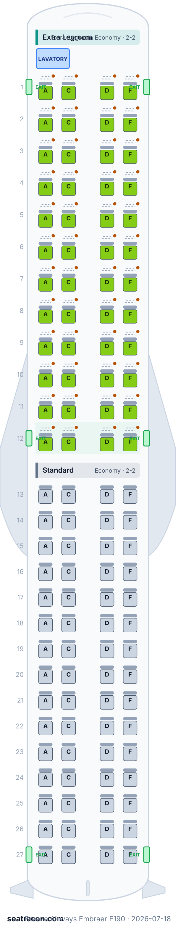 Breeze Airways Embraer E190 seat map diagram — Extra Legroom, Standard (108 seats)