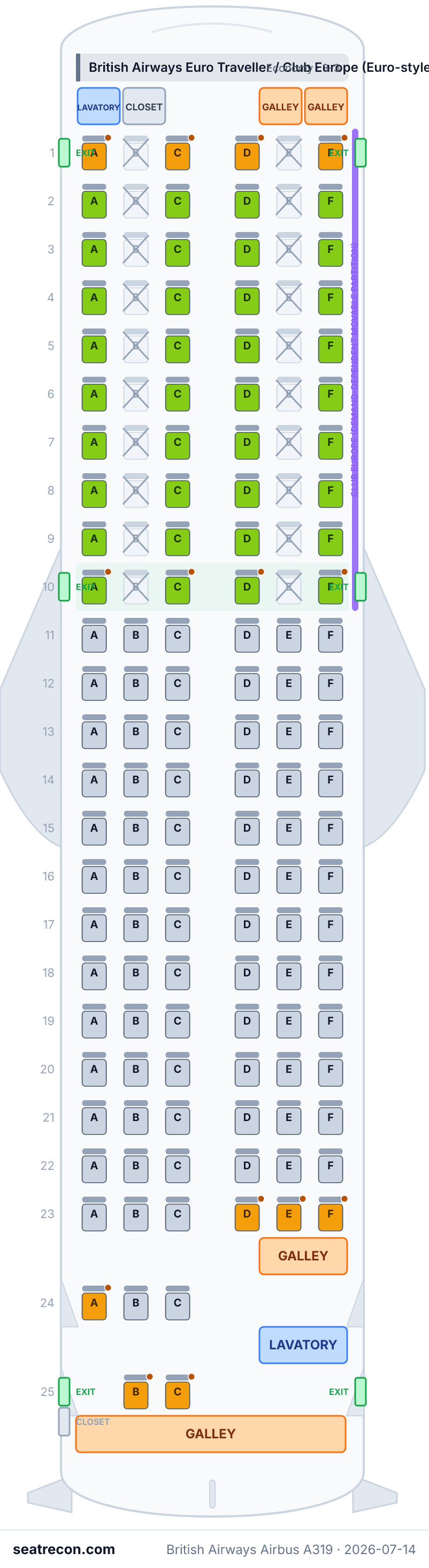 British Airways Airbus A319 seat map diagram — British Airways Euro Traveller / Club Europe (Euro-style cabin) (143 seats)