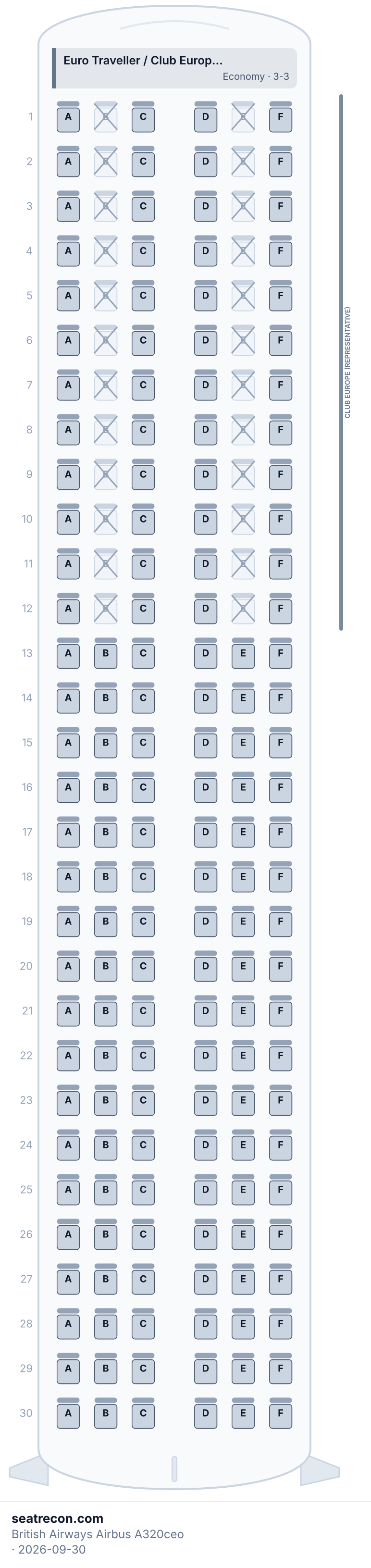 British Airways Airbus A320ceo seat map diagram — Euro Traveller / Club Europe (movable divider) (180 seats)