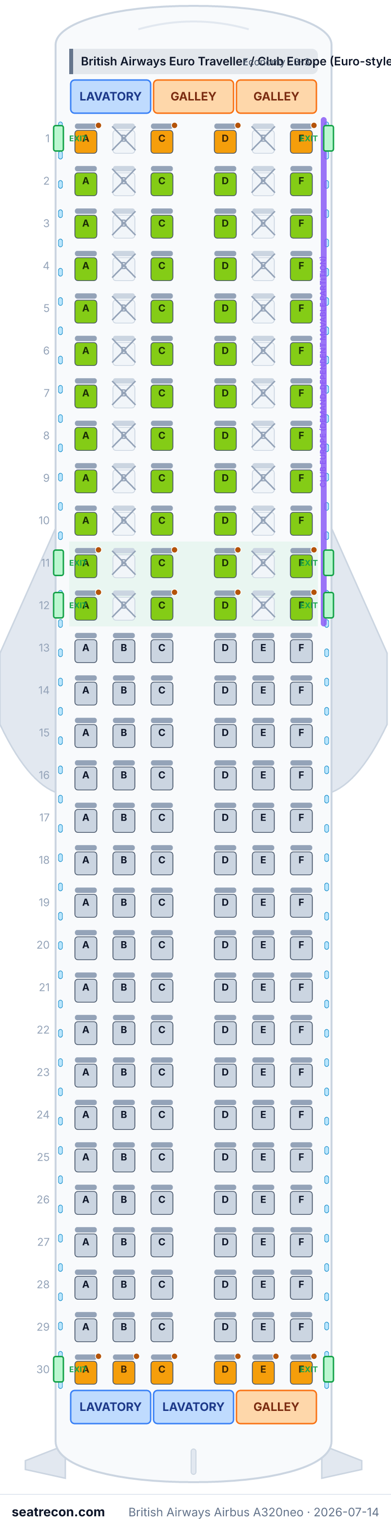 British Airways Airbus A320neo seat map diagram — British Airways Euro Traveller / Club Europe (Euro-style cabin) (180 seats)