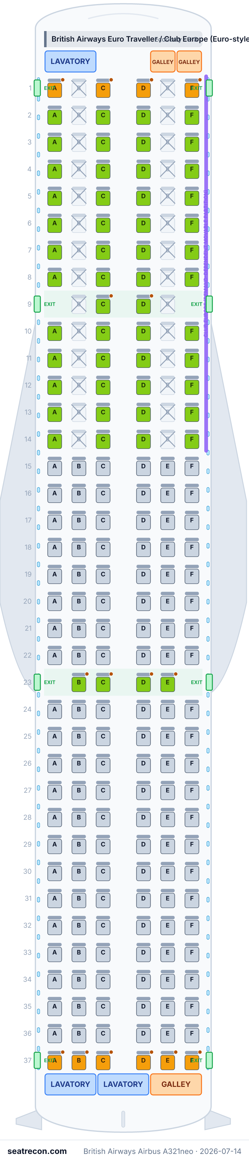 British Airways Airbus A321neo seat map diagram — British Airways Euro Traveller / Club Europe (Euro-style cabin) (218 seats)