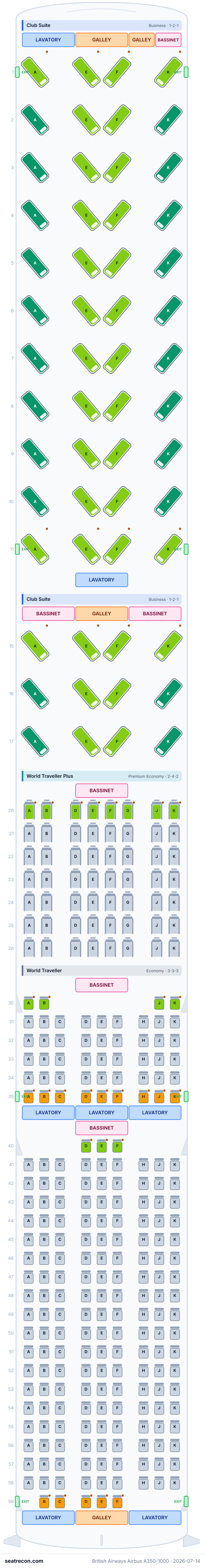 British Airways Airbus A350-1000 seat map diagram — Club Suite, World Traveller Plus, World Traveller (331 seats)