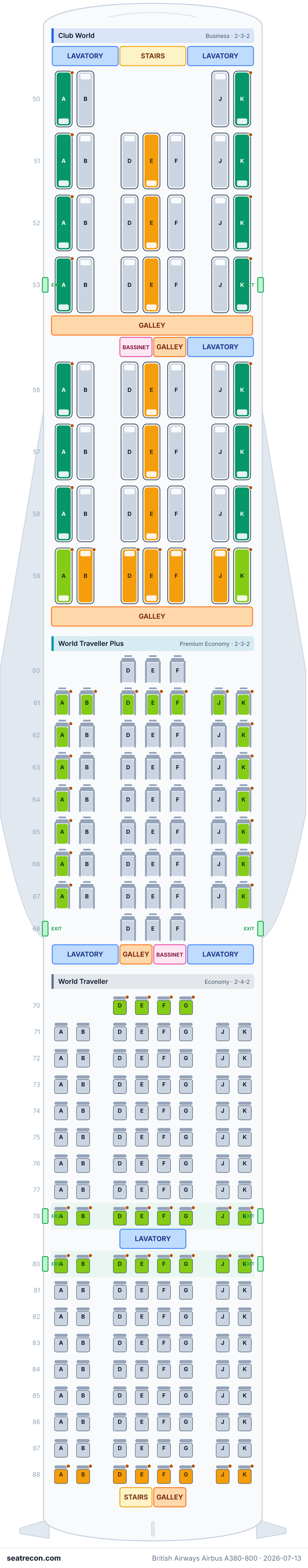 British Airways Airbus A380-800 seat map diagram — First, Club World, World Traveller, World Traveller Plus (469 seats) — upper deck