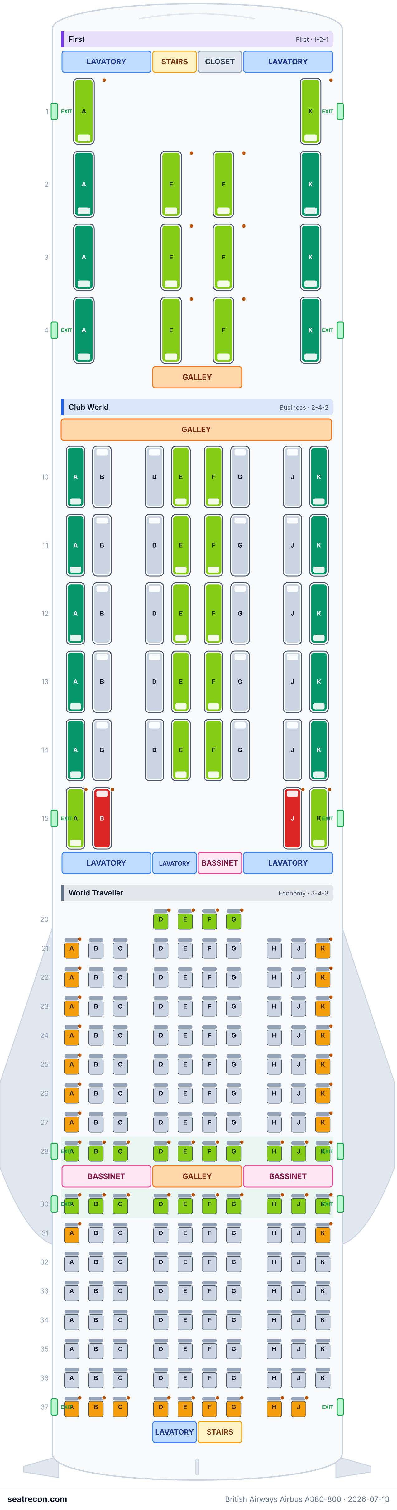 British Airways Airbus A380-800 seat map diagram — First, Club World, World Traveller, World Traveller Plus (469 seats)