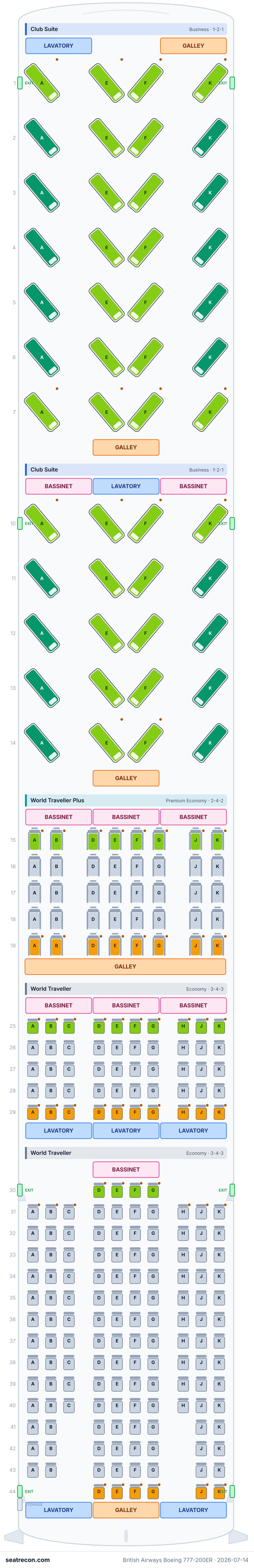 British Airways Boeing 777-200ER seat map diagram — Club Suite, World Traveller Plus, World Traveller (272 seats)