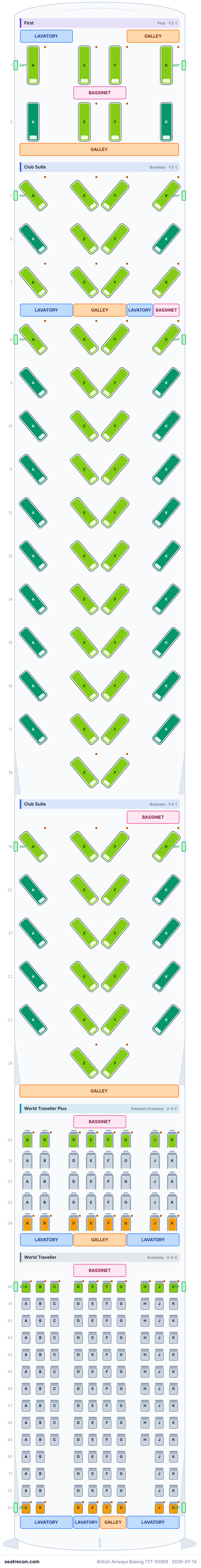 British Airways Boeing 777-300ER seat map diagram — First, Club Suite, World Traveller Plus, World Traveller (256 seats)