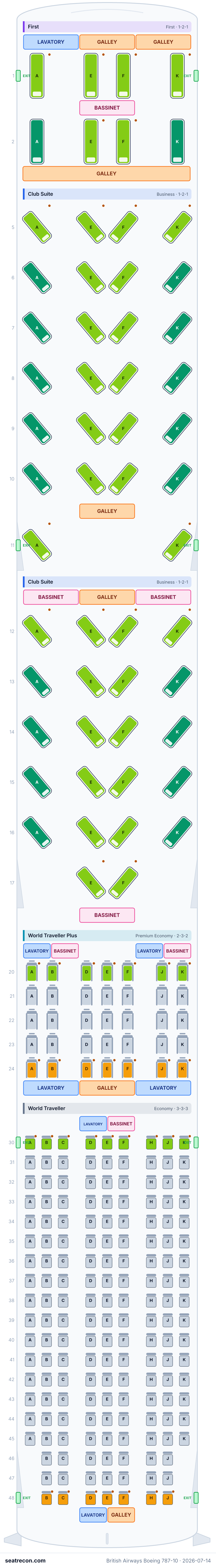 British Airways Boeing 787-10 seat map diagram — First, Club Suite, World Traveller Plus, World Traveller (256 seats)