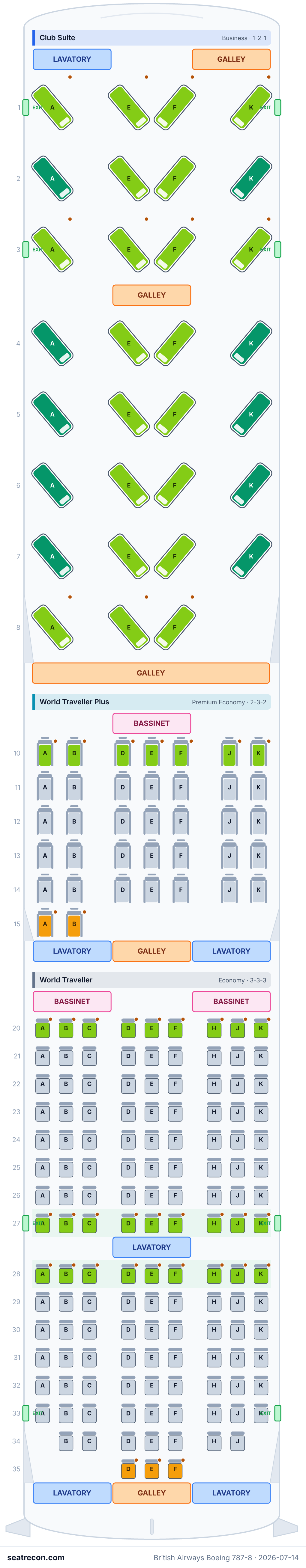 British Airways Boeing 787-8 seat map diagram — Club Suite, World Traveller Plus, World Traveller (204 seats)