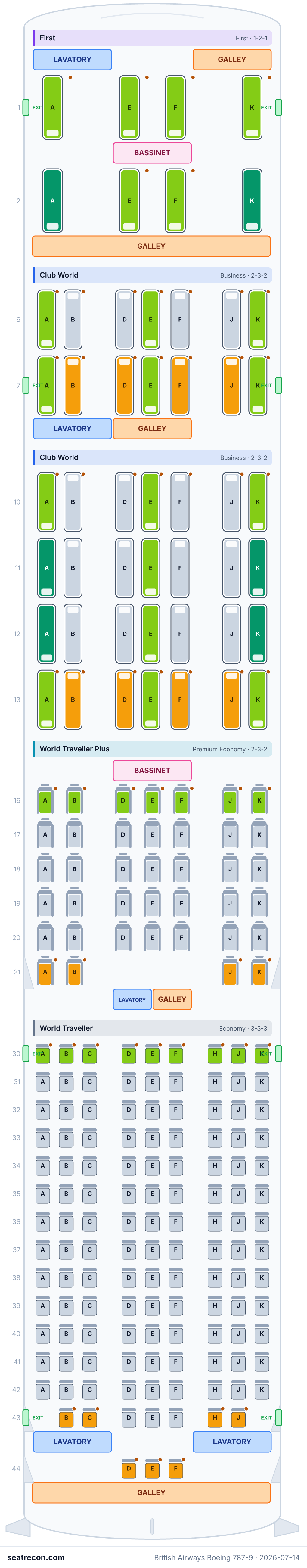 British Airways Boeing 787-9 seat map diagram — First, Club World, World Traveller Plus, World Traveller (216 seats)