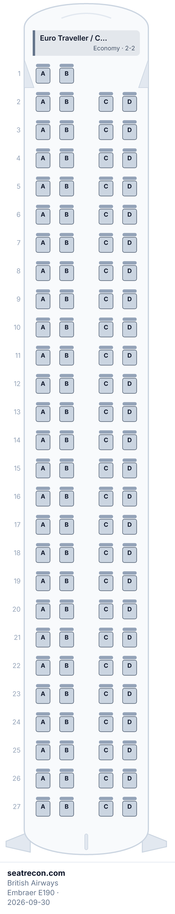 British Airways Embraer E190 seat map diagram — Euro Traveller / Club Europe (boundary varies) (106 seats)