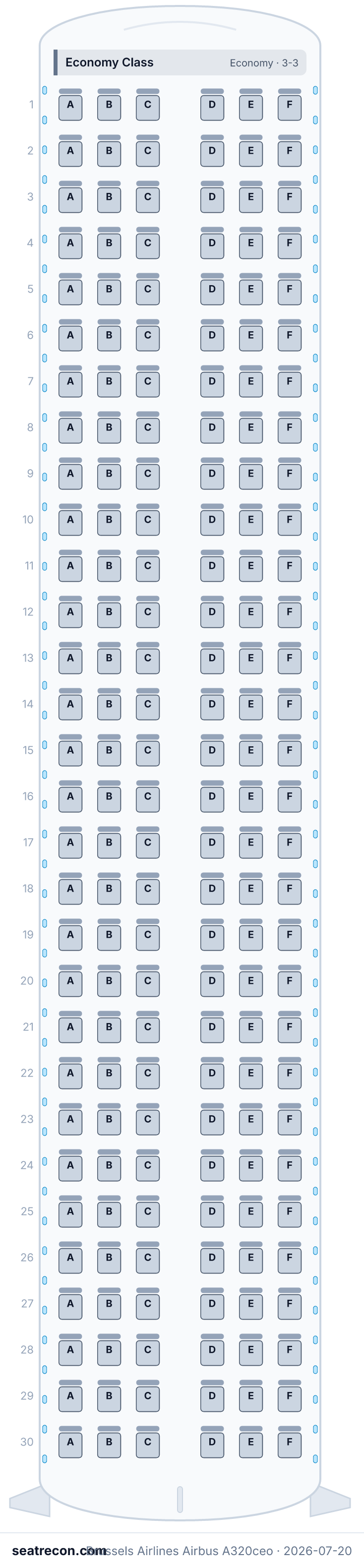 Brussels Airlines Airbus A320ceo seat map (180Y)