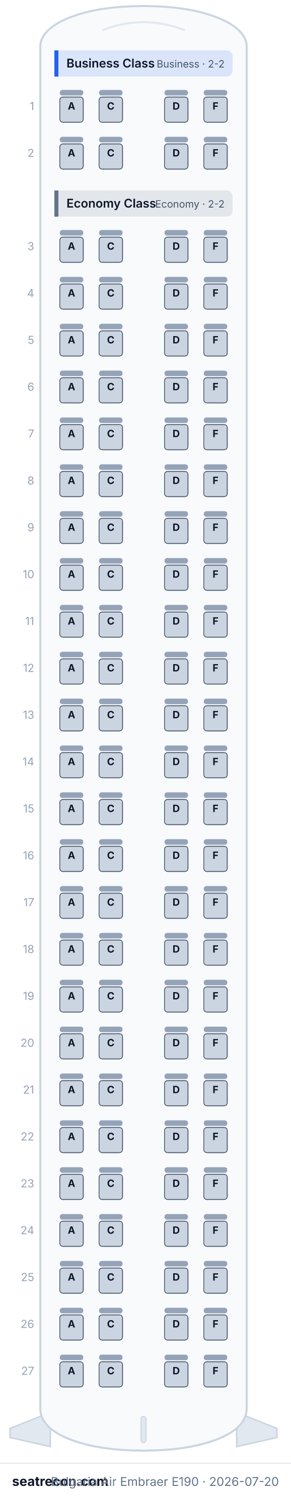Bulgaria Air Embraer E190 seat map (8J/100Y)