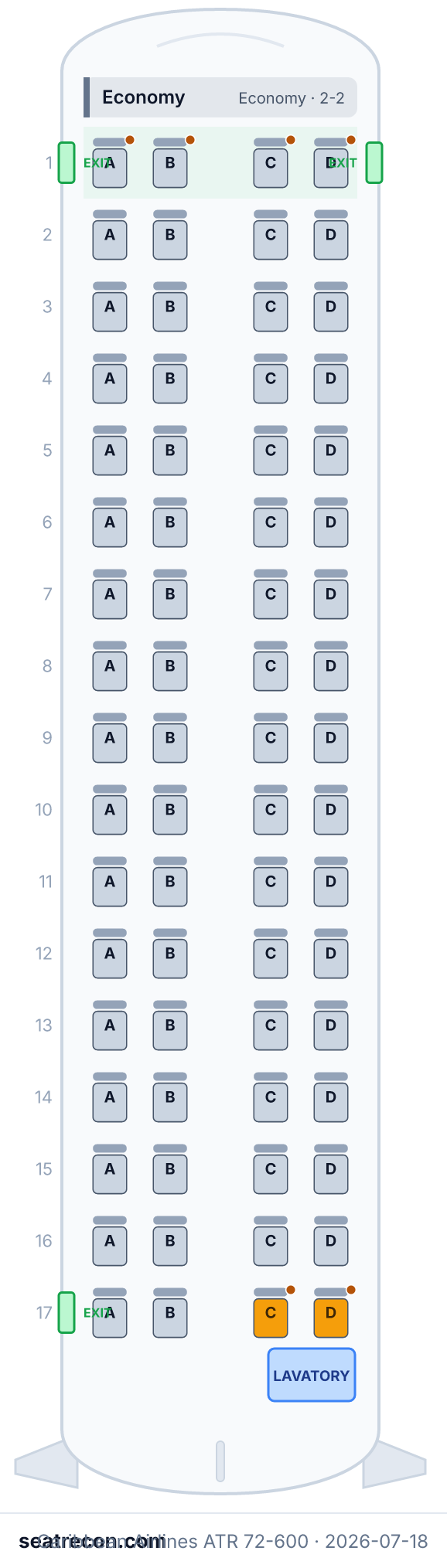 Caribbean Airlines ATR 72-600 seat map diagram — Economy (68 seats)