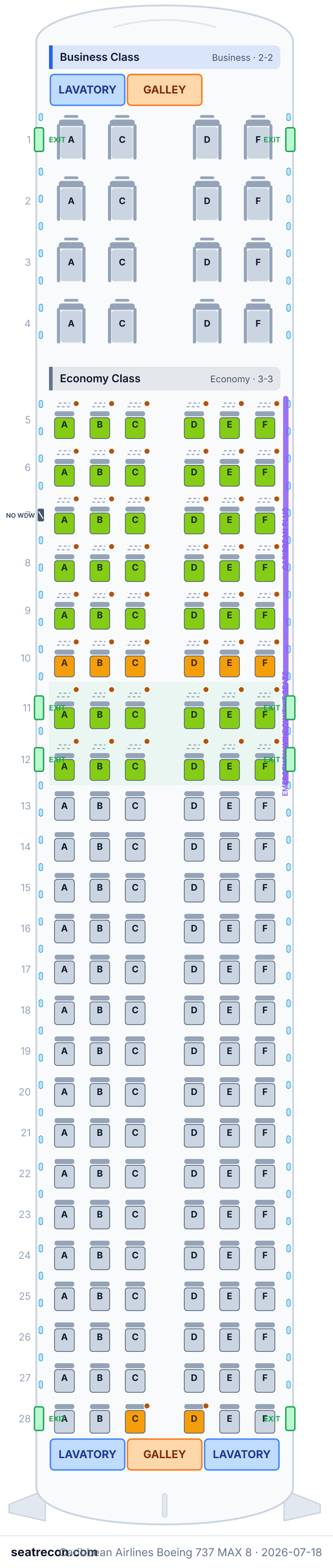 Caribbean Airlines Boeing 737 MAX 8 seat map diagram — Business Class, Economy Class (160 seats)