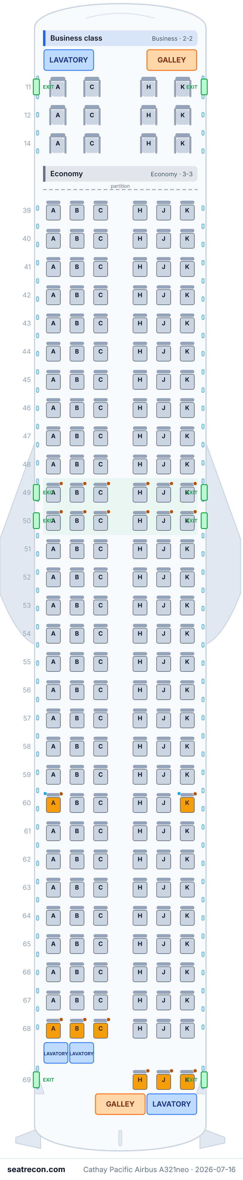 Cathay Pacific Airbus A321neo seat map diagram — Business class, Economy (195 seats)