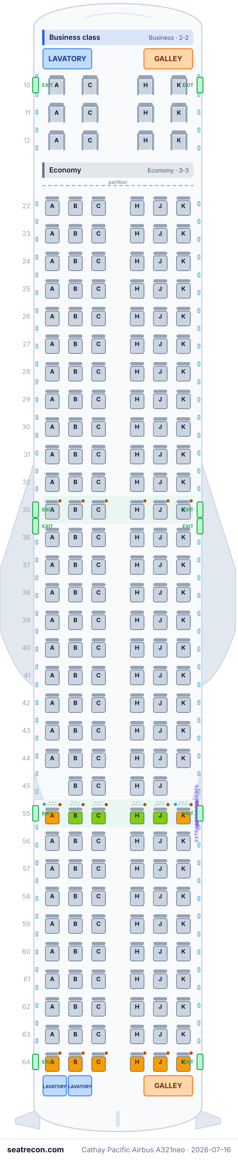Cathay Pacific Airbus A321neo seat map diagram — Business class, Economy (202 seats)
