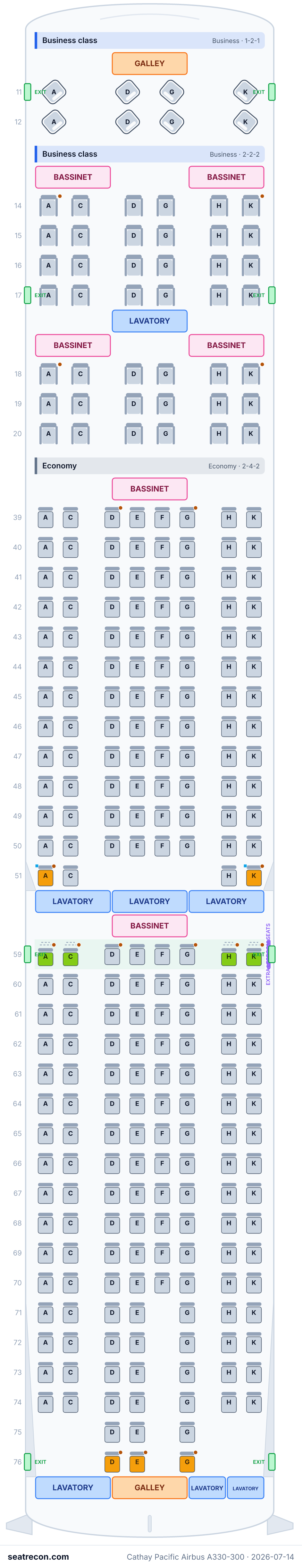 Cathay Pacific Airbus A330-300 seat map diagram — Business class, Economy (280 seats)