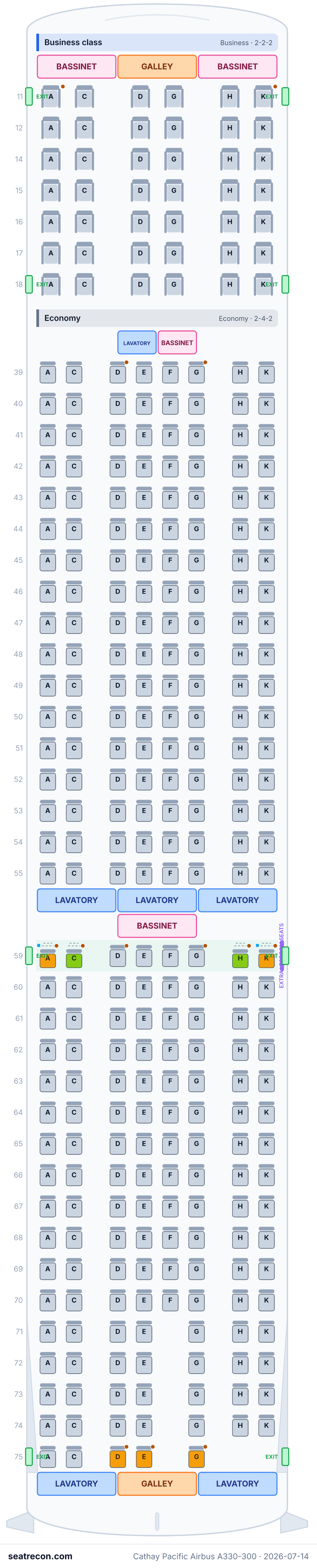 Cathay Pacific Airbus A330-300 seat map diagram — Business class, Economy (307 seats)