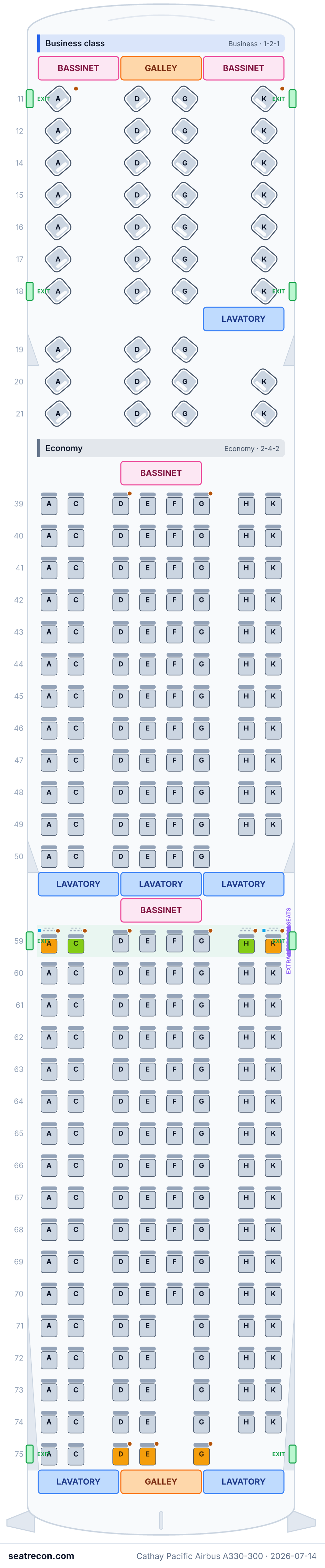 Cathay Pacific Airbus A330-300 seat map diagram — Business class, Economy (262 seats)