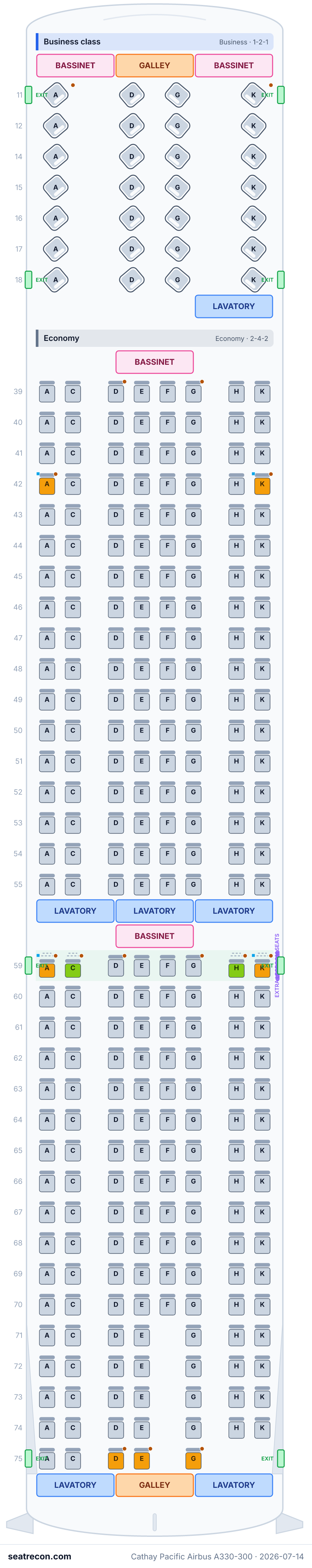 Cathay Pacific Airbus A330-300 seat map diagram — Business class, Economy (293 seats)