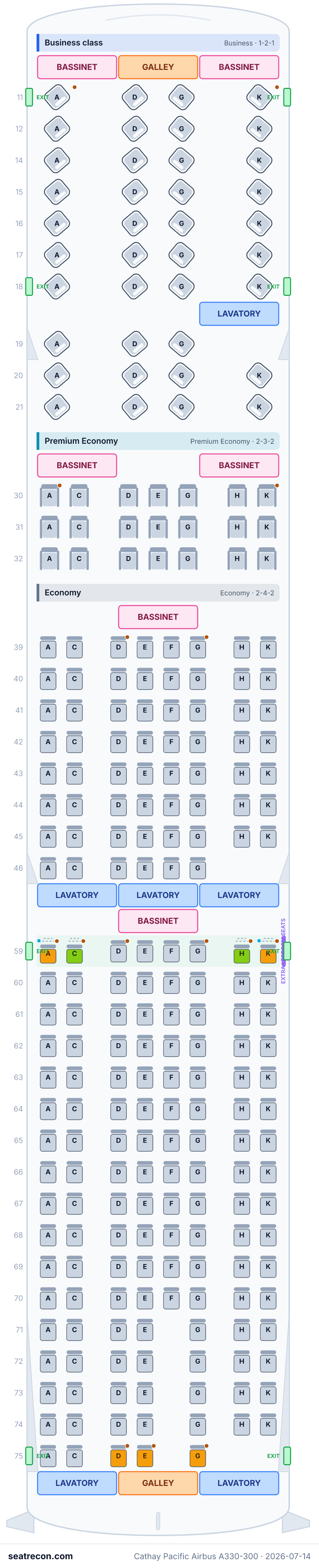 Cathay Pacific Airbus A330-300 seat map diagram — Business class, Premium Economy, Economy (251 seats)
