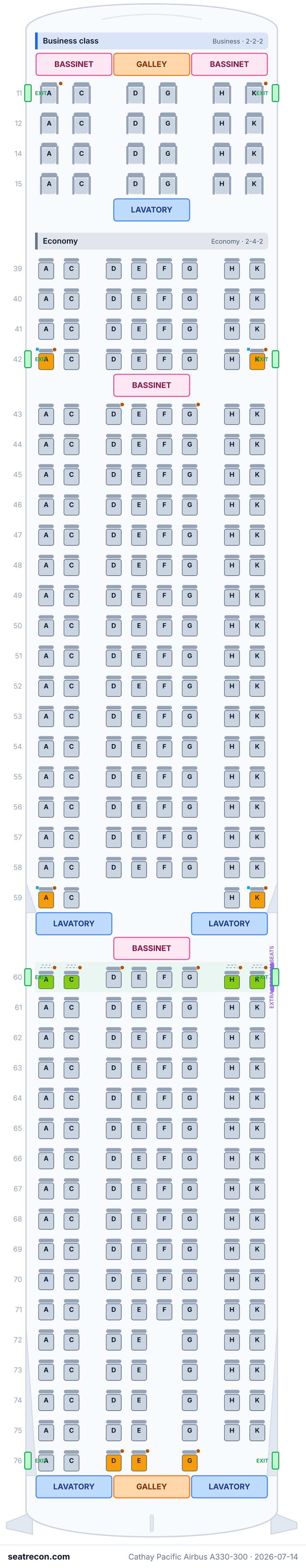 Cathay Pacific Airbus A330-300 seat map diagram — Business class, Economy (317 seats)