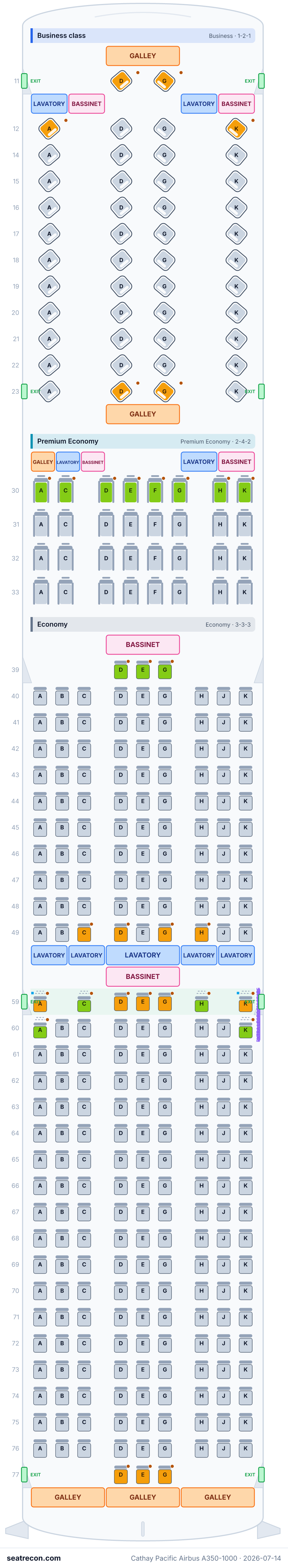 Cathay Pacific Airbus A350-1000 seat map diagram — Business class, Premium Economy, Economy (334 seats)