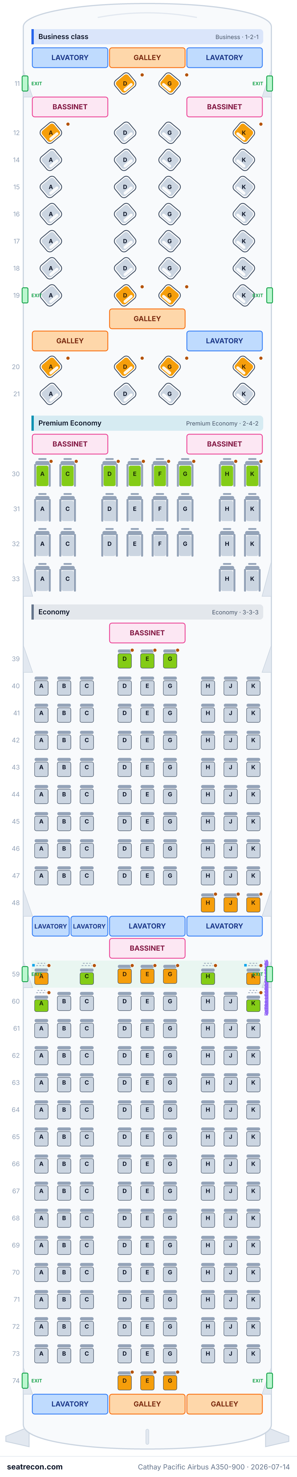 Cathay Pacific Airbus A350-900 seat map diagram — Business class, Premium Economy, Economy (280 seats)