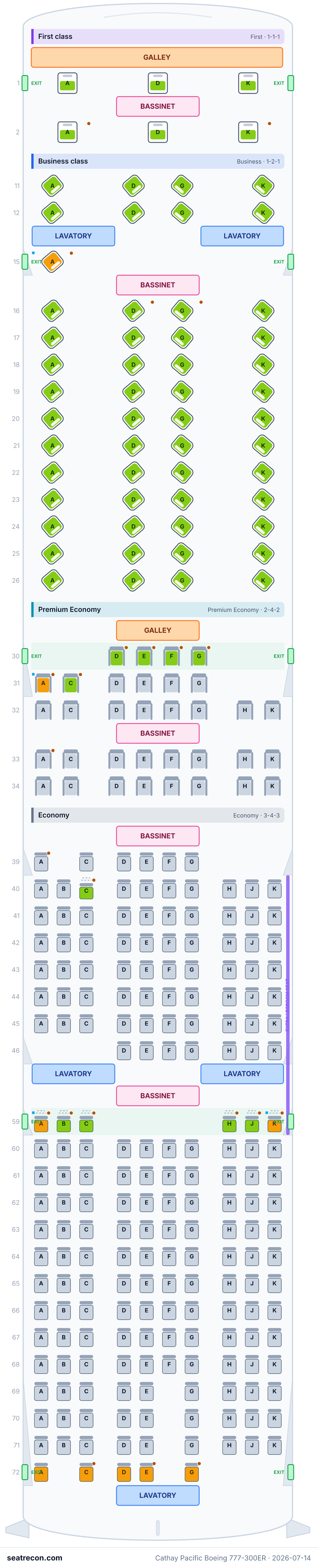 Cathay Pacific Boeing 777-300ER seat map diagram — First class, Business class, Premium Economy, Economy (294 seats)