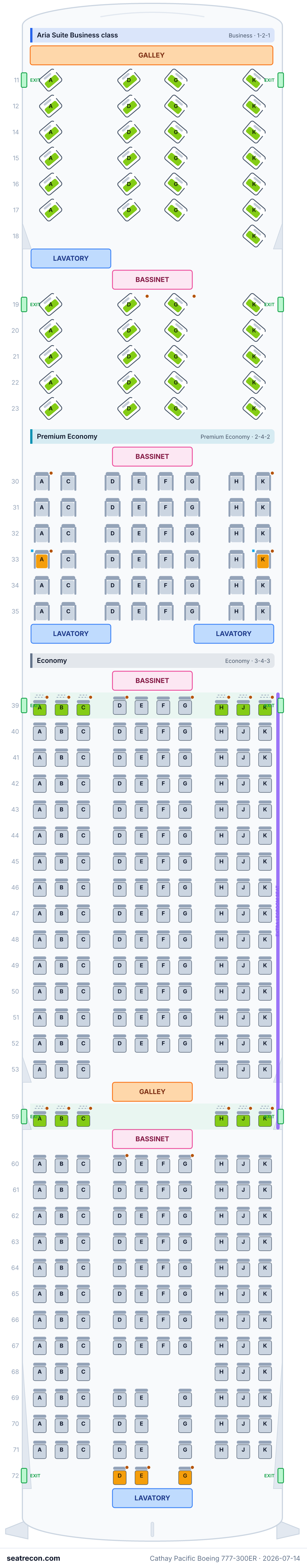Cathay Pacific Boeing 777-300ER seat map diagram — Aria Suite Business class, Premium Economy, Economy (361 seats)