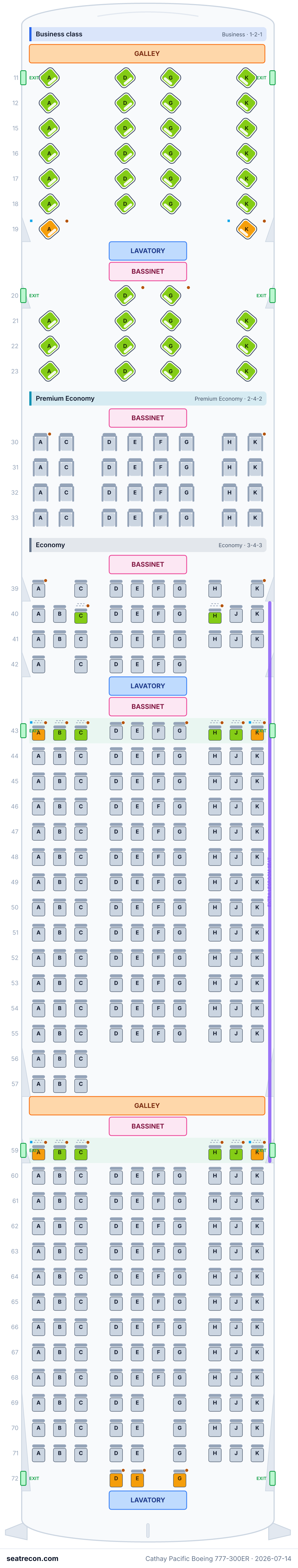 Cathay Pacific Boeing 777-300ER seat map diagram — Business class, Premium Economy, Economy (368 seats)