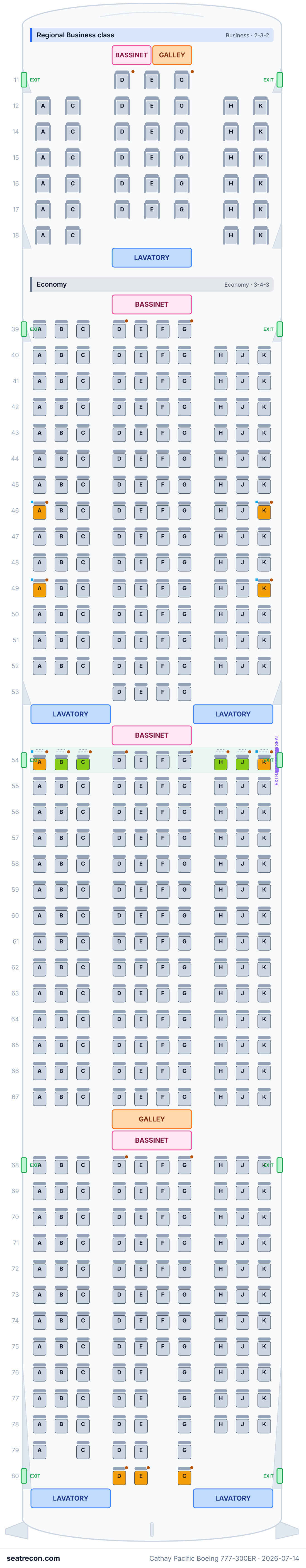Cathay Pacific Boeing 777-300ER seat map diagram — Regional Business class, Economy (438 seats)