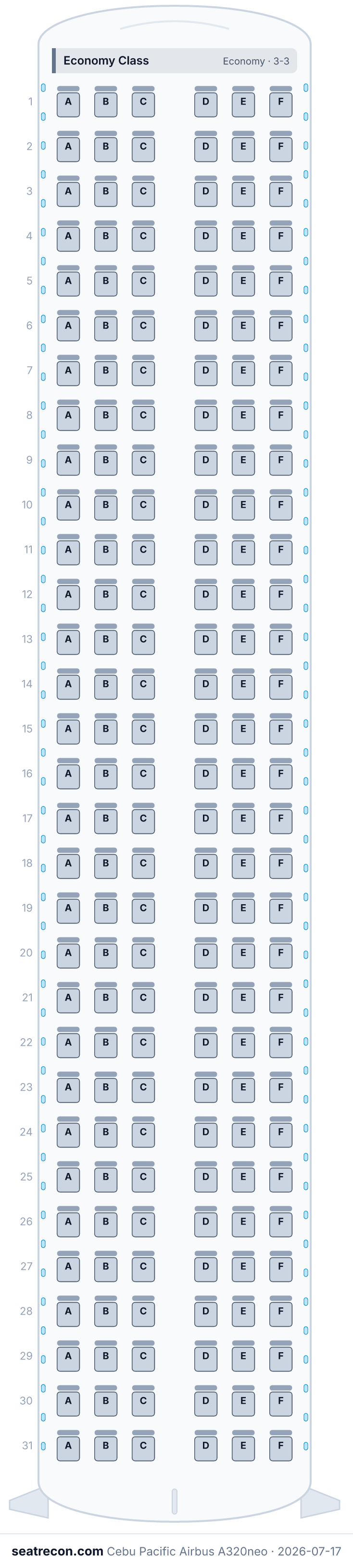 Cebu Pacific Airbus A320neo seat map diagram — Economy Class (186 seats)