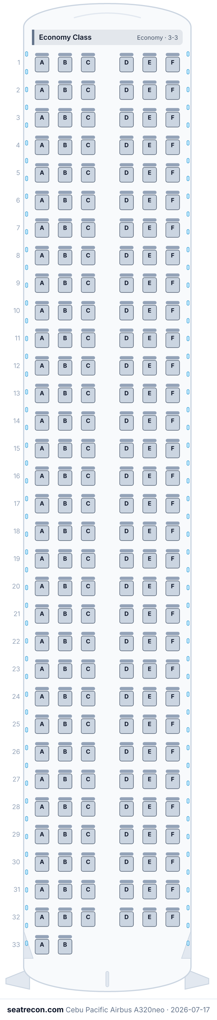 Cebu Pacific Airbus A320neo seat map diagram — Economy Class (194 seats)