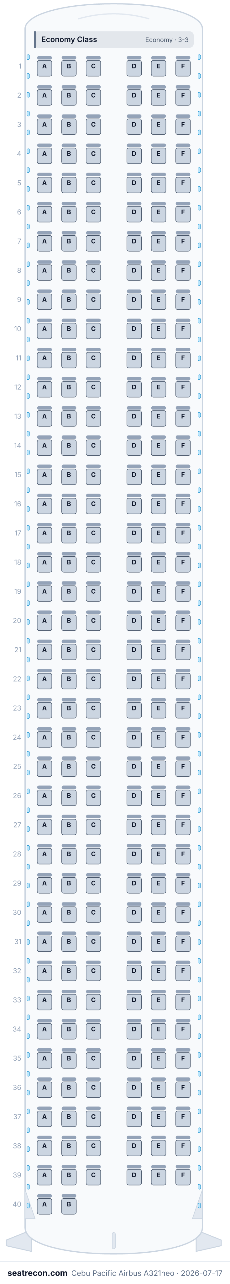 Cebu Pacific Airbus A321neo seat map diagram — Economy Class (236 seats)