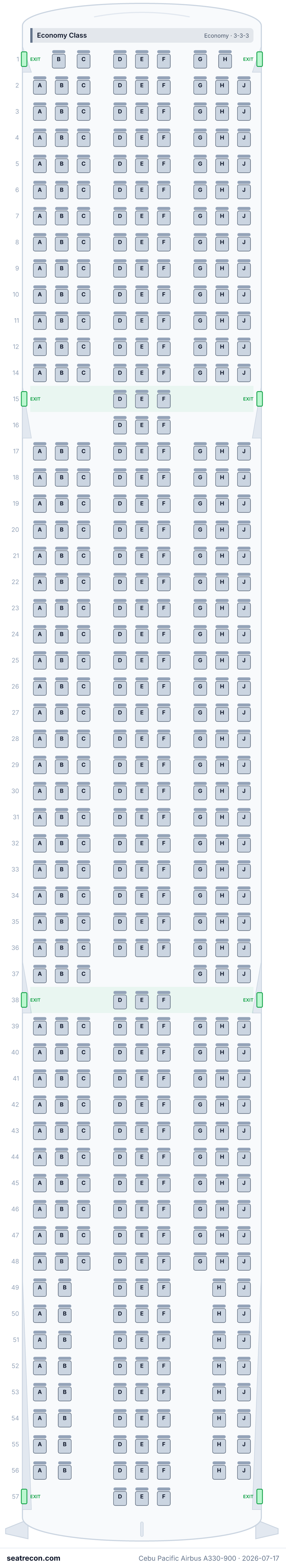 Cebu Pacific Airbus A330-900 seat map diagram — Economy Class (459 seats)