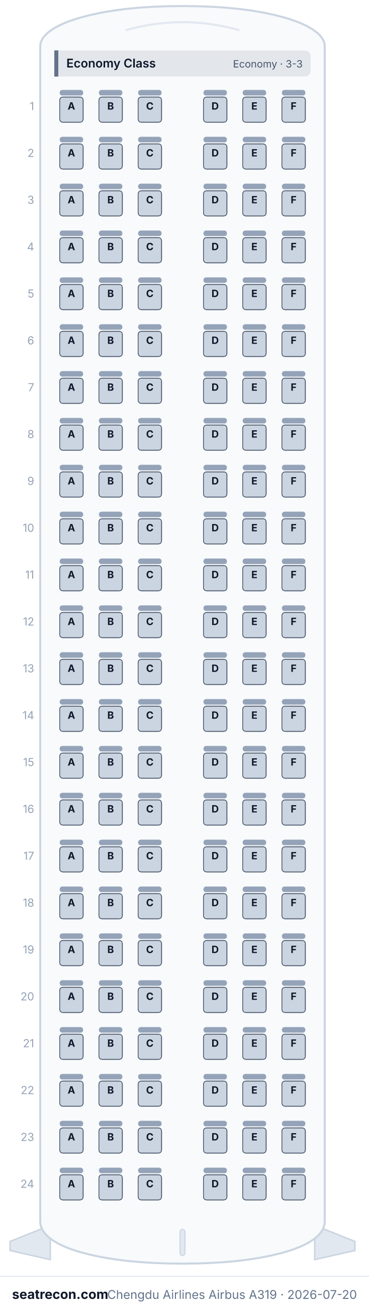 Chengdu Airlines Airbus A319 seat map (144Y)