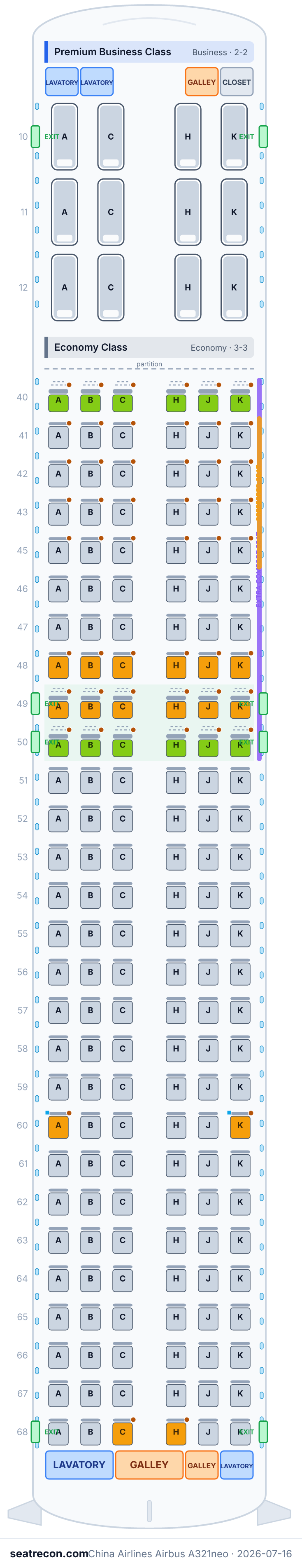 China Airlines Airbus A321neo seat map diagram — Premium Business Class, Economy Class (180 seats)