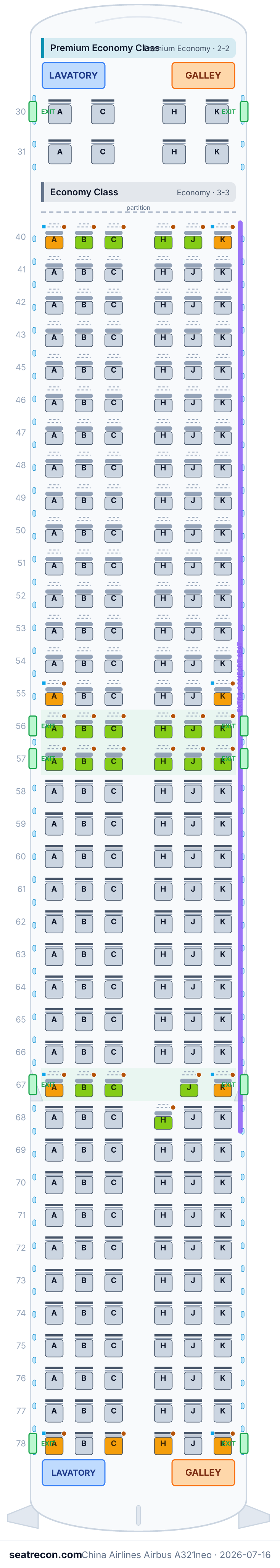 China Airlines Airbus A321neo seat map diagram — Premium Economy Class, Economy Class (235 seats)